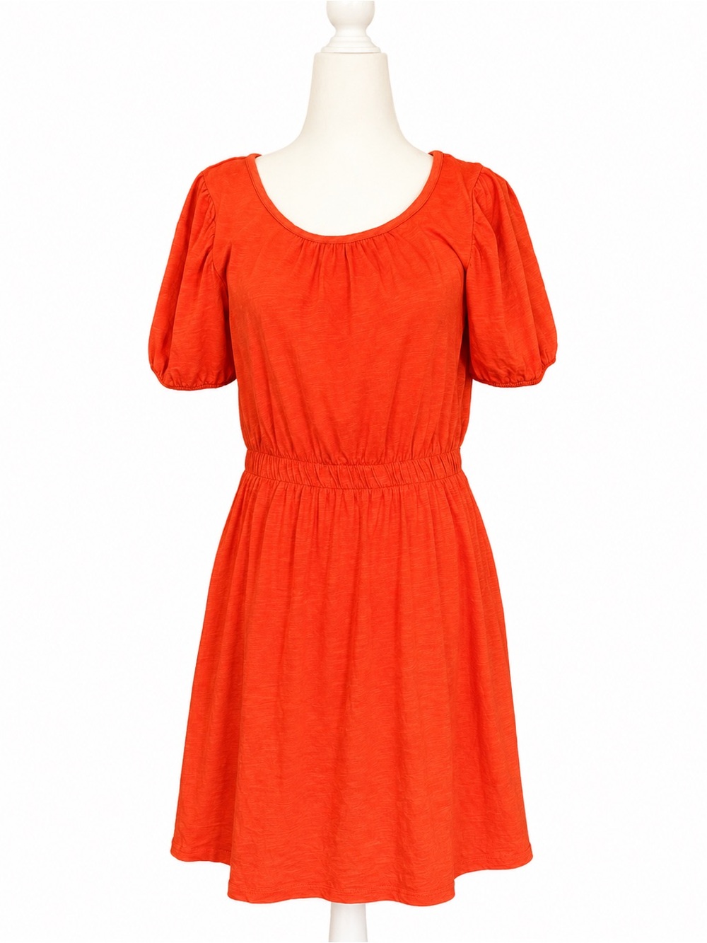 Daily Practice Puff-Sleeve Elastic-Waist Mini Dress in Orange cotton
